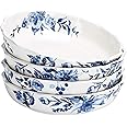 Bico Watercolor Blue Flower Ceramic 32oz Scalloped Dinner Bowls, Set of 4, for Pasta, Salad, Cereal, Soup & Microwave & Dishwasher Safe