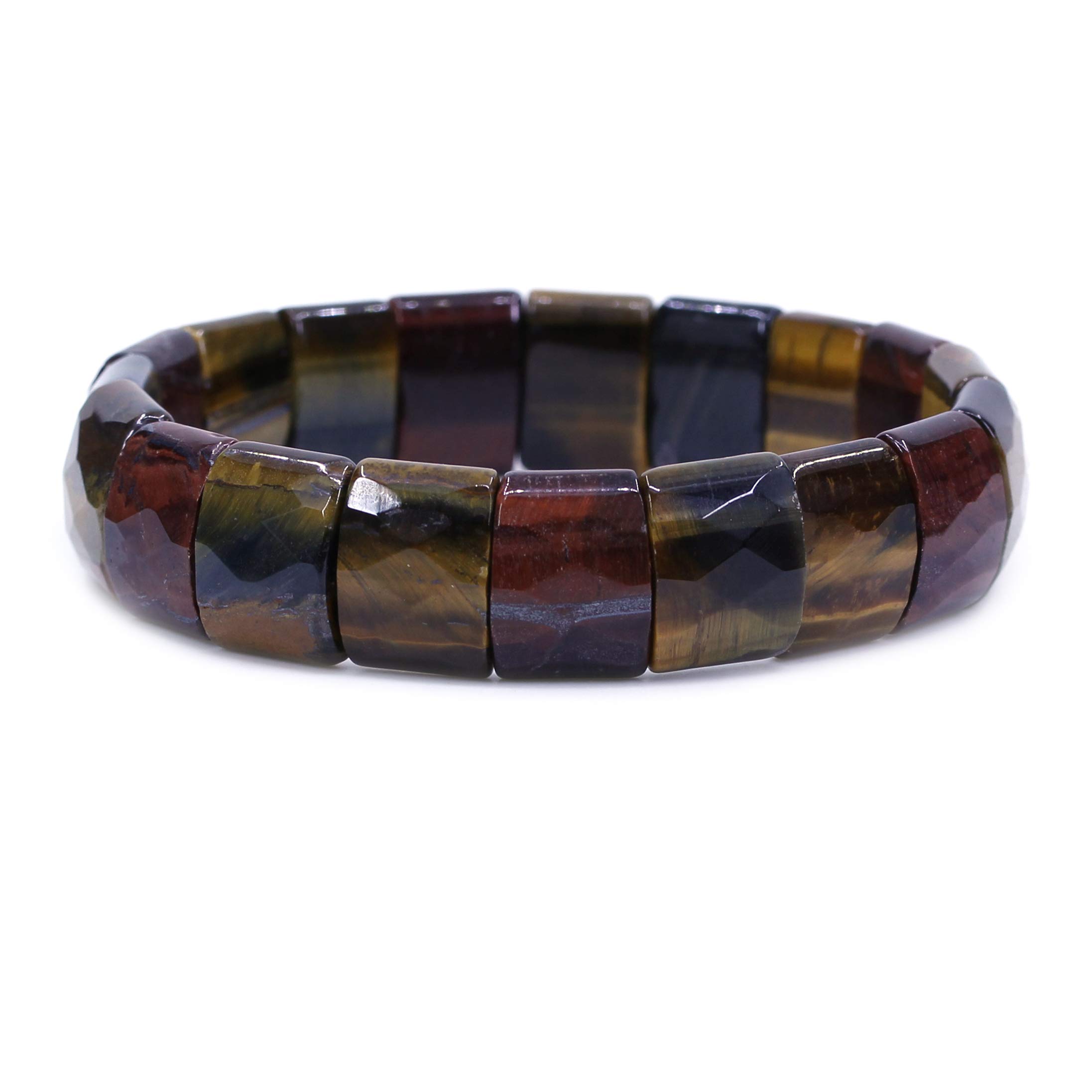CHENYUE Natural Multicolor Tiger Eye Gem Semi Precious Gemstone 15mm Faceted Square Grain Beads Stretch Bracelet 7.5 Inch
