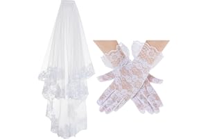 jiebor White Lace Wedding Veil Halloween Bridal Chapel Veil with Gloves for Women Brides Wedding Bridal Shower