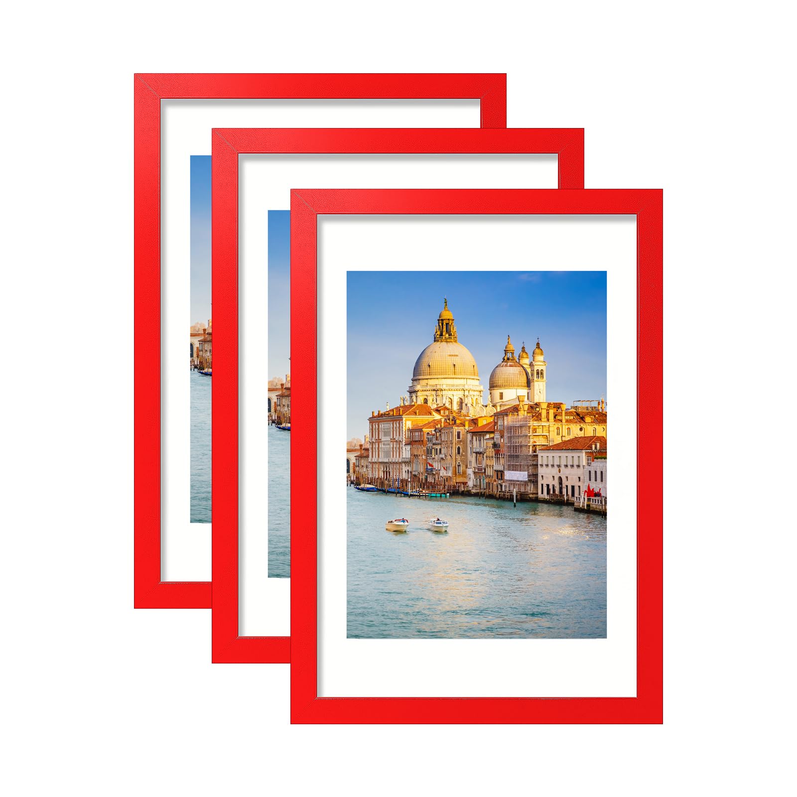 wyooxoo 11x17 Picture Frame Set of 3 Made of Solid Wood Red Photo Frames Display Pictures 8x12 with Mat or 11x17 Without Mat Colorful Frame For Horizontal Vertical Wall Mounting Image