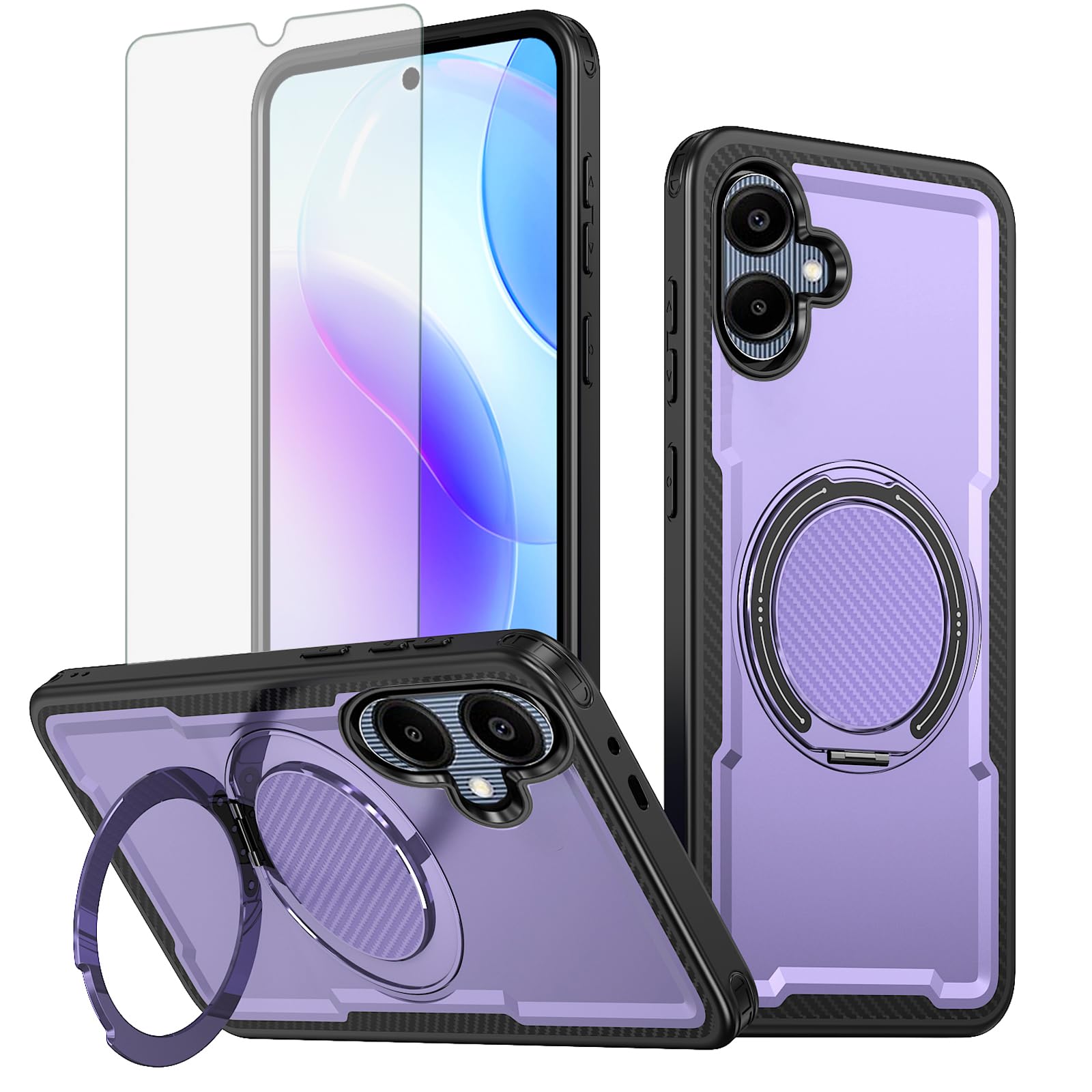 Furill Phone Case for Samsung Galaxy A06 5G with Tempered Glass Screen Protector Slim Magnetic Rugged Stand Ring Holder Hybrid Shockproof Protective Cell Cover Ao6 A 06 4G LTE Women Men Purple