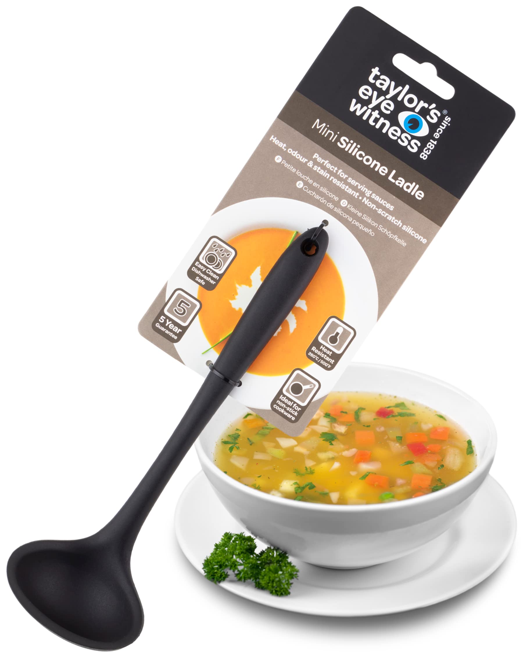 Taylors Eye Witness Black Mini Silicone Ladle Spoon - Dishwasher Safe. Perfect for Non-Stick Pans. Hygienic Alternative to Wood. Odour, Stain & Heat Resistant (260°C/500°F). 5 Year Guarantee.