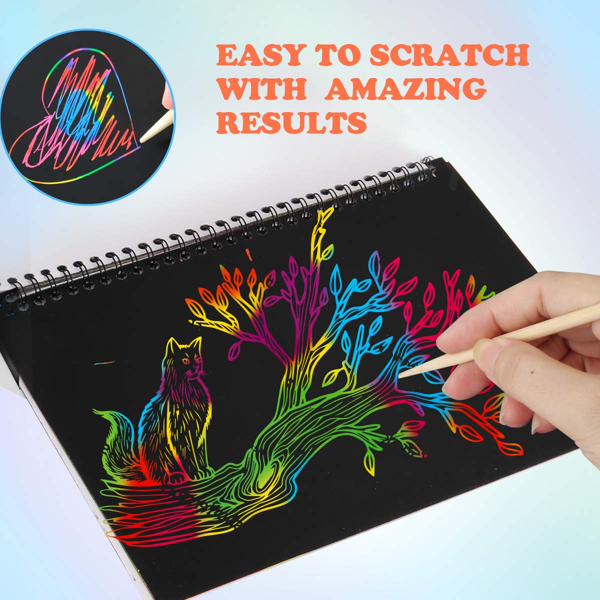 Mocoosy 3 Pack Rainbow Scratch Art Paper Notebooks, Spiral Bound Magic Scratch Book for Kids Arts Crafts Supplies, Black Scratch Note Sketch Pads Artist Drawing Activity Gifts for Boys Girls Ages 3-12
