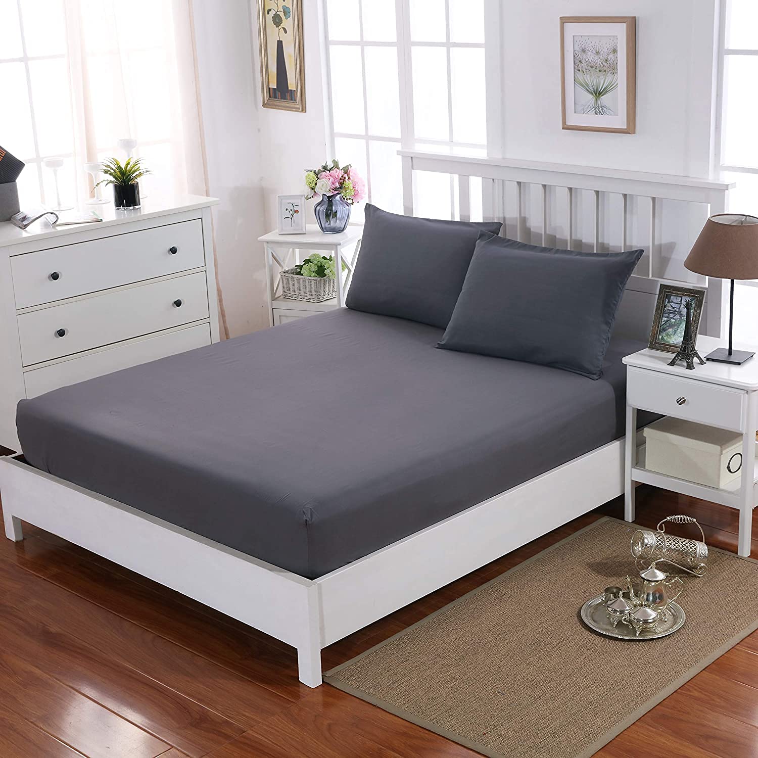 Deep Fitted King Bed Sheets 100% Cotton 200 Thread Count 30cm Easy to Fit Elasticated Charcoal Grey Bed Cover Sheets