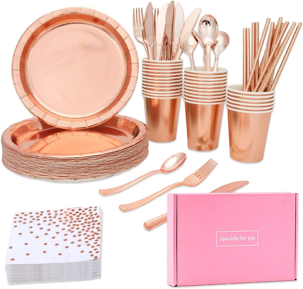 115 Pieces Rose Gold Party Tableware, Disposable Rose Gold Dinnerware