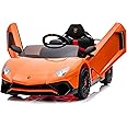 Kidzone Kids Electric Ride On 12V Licensed Lamborghini Aventador Battery Powered Sports Car Toy with 2 Speeds, Parent Control, Sound System, LED Headlights & Hydraulic Doors - Orange