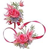 MAFELOE Wrist Corsage and Boutonniere Set Artificial Rose Flowers Accessories for Groom Bride Groomsmen Bridesmaids Wedding Party Prom Suit - Rose Red-2 Pieces