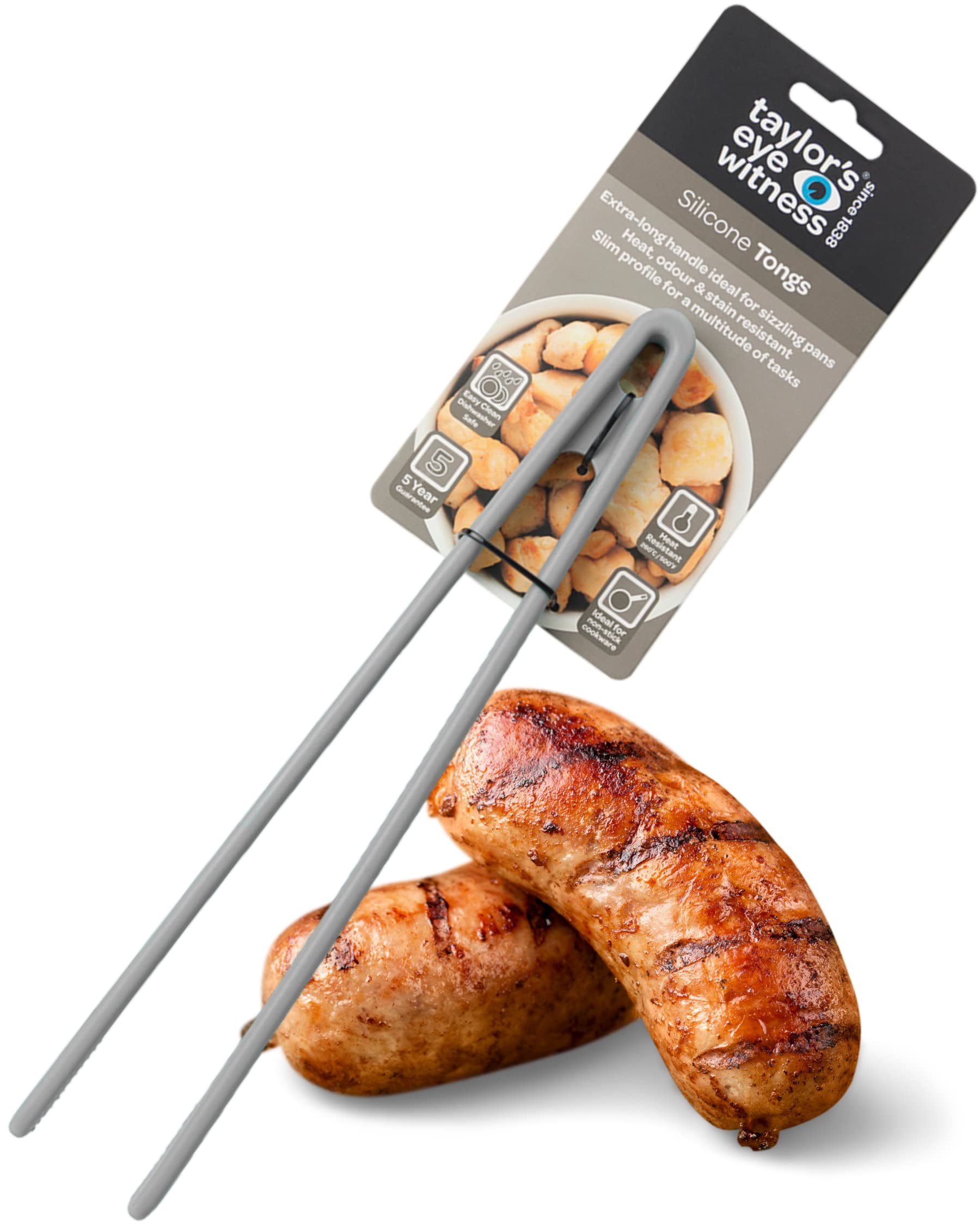 Taylors Eye Witness Large Grey Silicone Gripping Tongs - Dishwasher Safe. Sturdy Build, Non-Scratch Grip Heads, Long Handle. Odour, Stain & Heat Resistant (260°C/500°F). 5 Year Guarantee