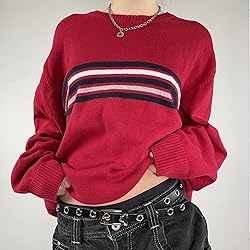Women Y2K Argyle Striped Pullover Sweater Casual