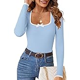 HAEOF Womens 2025 Fall Long Sleeve Ribbed Knit Sweaters Dressy Casual Square Neck Slim Fit Shirts Cute Trendy Tops