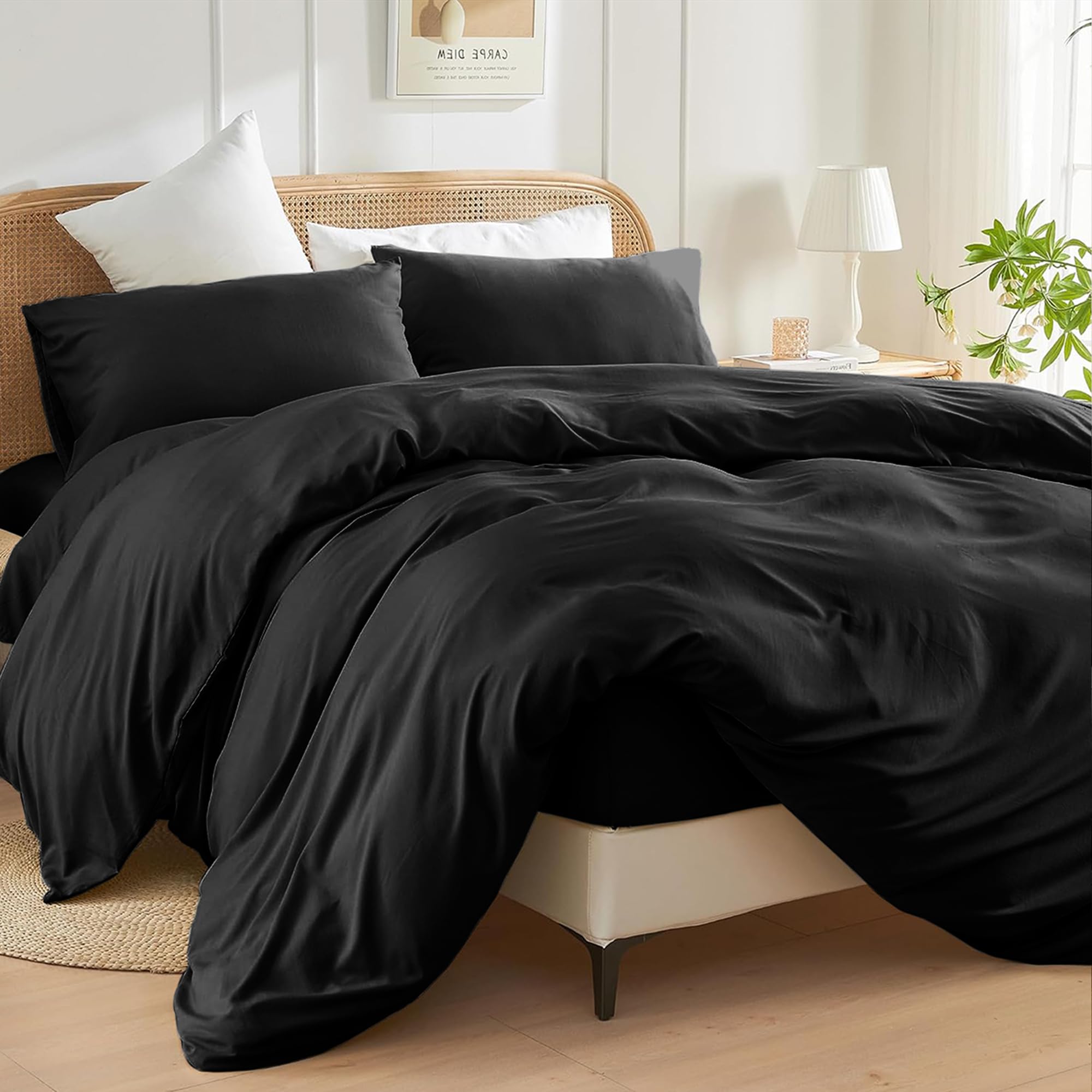 SSW HOMES Single Size Duvet Cover Sets (Black) - 3 Pcs Brushed Microfiber Plain Dyed Quilt Cover - Bedding Set with Button Closure Include 1 Duvet Cover & 1 Pillowcase
