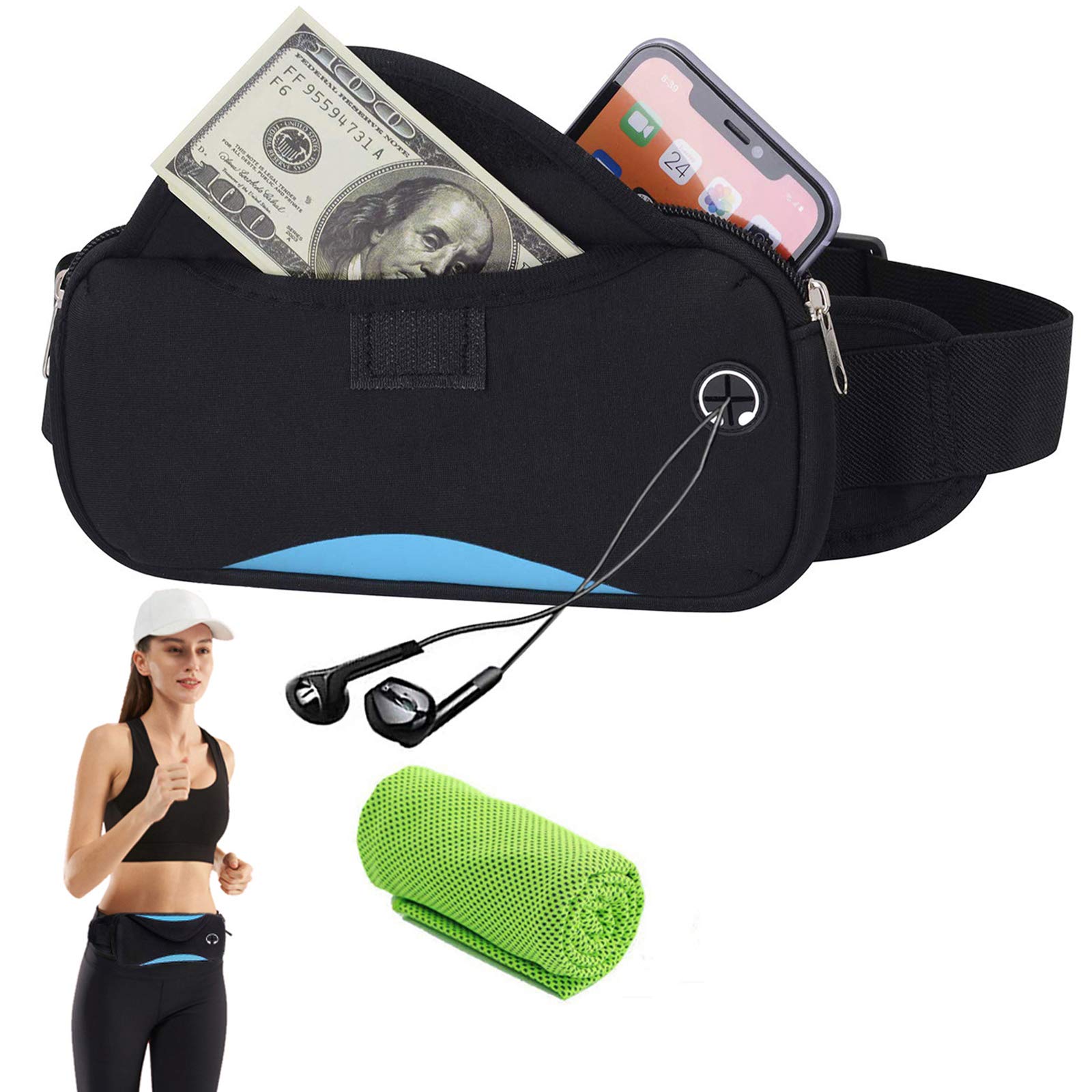 Women's Men's Waterproof Sports Banana Bag Running Belt Bag Pouch Running Belt Adjustable for Money Passport Bills Mobile Phone Suitable for Climbing Cycling Travel Jogging, Blue, L