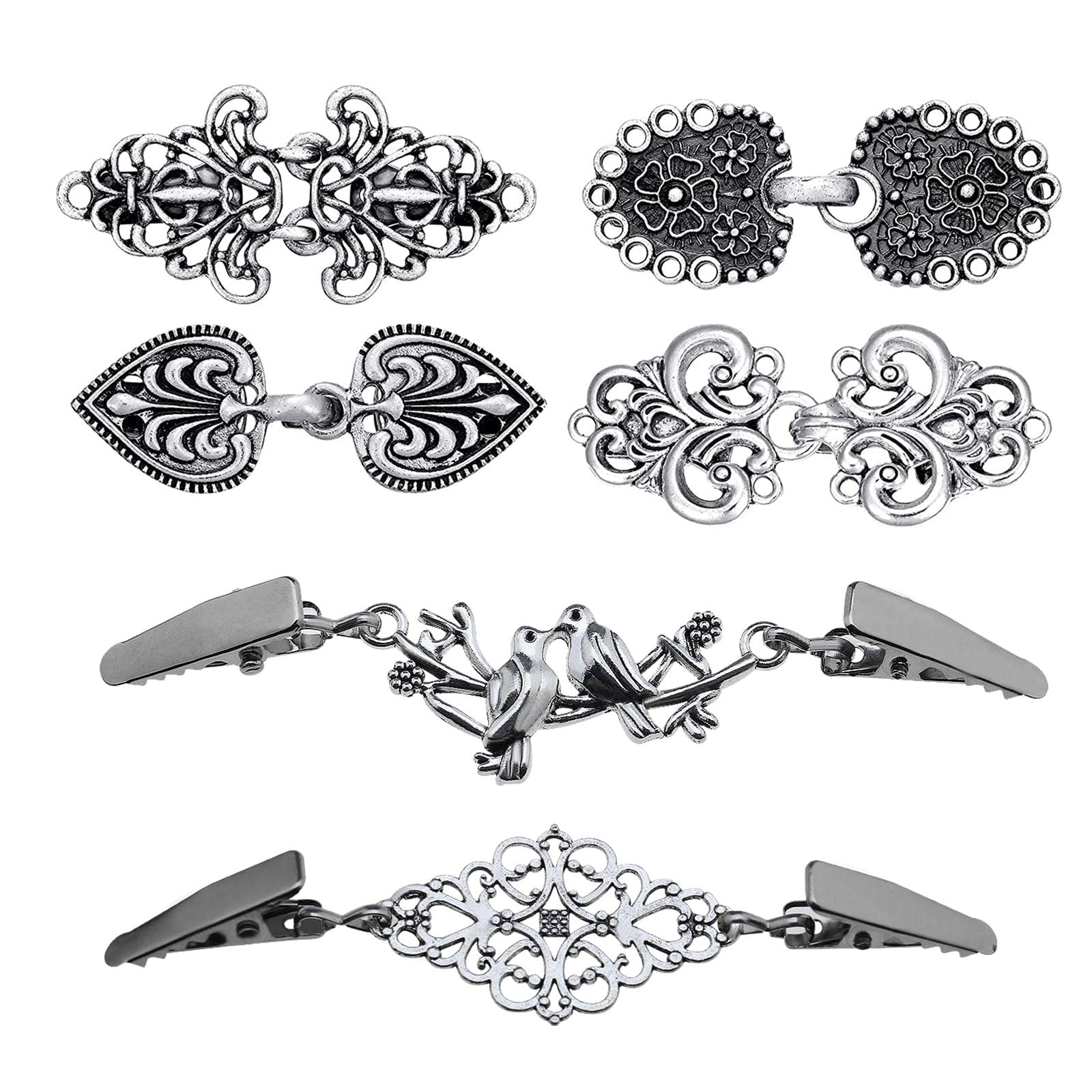 Be In Your Mind 6 Pairs Vintage Cardigan Clips Antique Silver Tone Cloak Clasp Fasteners Brooch Clips for Shawl Collar Dress Shirt Scarf Sweater Clothing Decoration Accessories