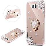 Galaxy S7 Edge Case,PHEZEN Samsung Galaxy S7 Edge Glitter Case Bling Rhinestone Gold Mirror Makeup Case with Ring Holder Stand Diamond Crystal Flower Protective TPU Case for Samsung Galaxy S7 Edge
