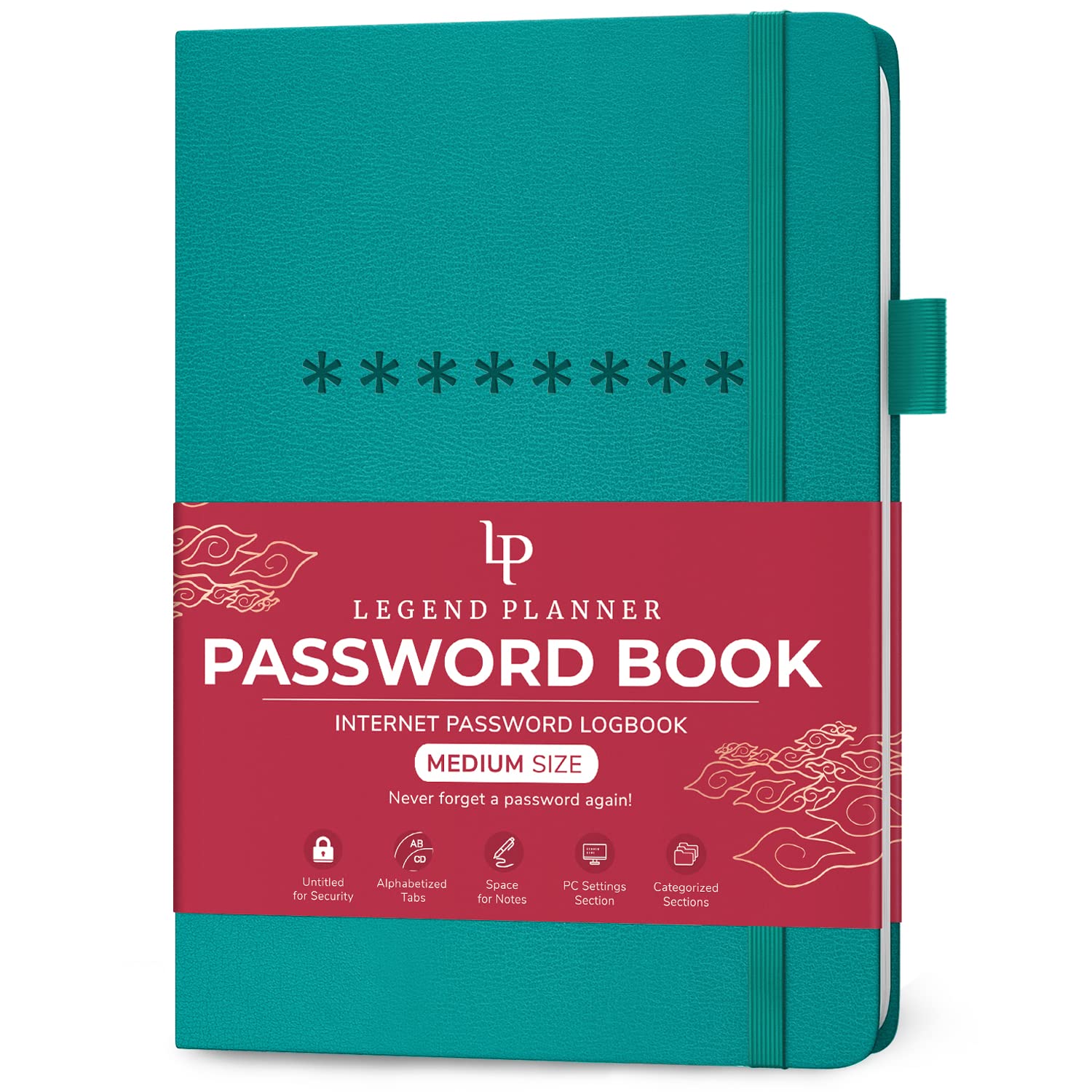 Legend Planner Password Book with Alphabetical tabs. Internet Address Keeper Logbook. Journal for Website Logins, Medium 13x19.5cm (Turquoise)