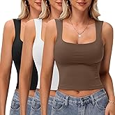 Skicuff 3 Pack Women's Square Neck Tank Tops Double Layer Slim Fit Basic Crop Tank Top Sexy Going Out Tops Camisole