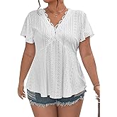 Eytino Womens Plus Size Tops Lace Crochet V Neck Short Sleeve Eyelet Blouse Loose Casual Summer Peplum Shirts(1X-5X)