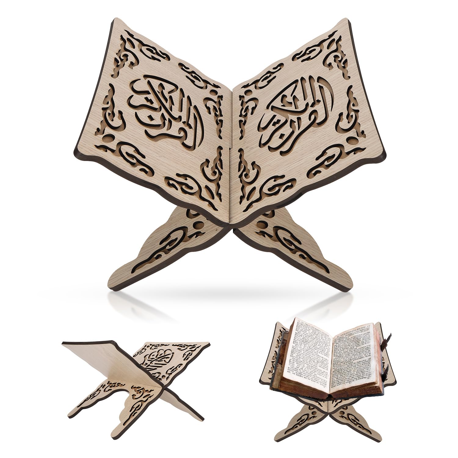 Tissting Wooden Book Holder Collapsible Folding Book Stand 30cm/12 Inches for Reading and Display - Elegant Carved Design Easy to Install Suitable for Home Decoration Quran Bible Organizer Shelf