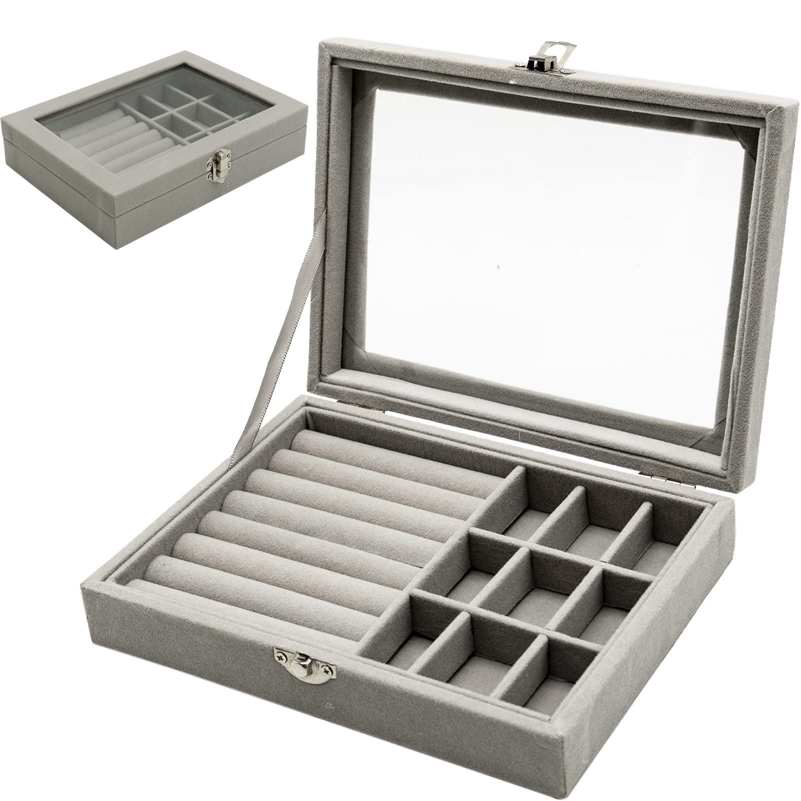 Jewellery Box Organiser 9 Grids Jewelry Storage Case, Velvet Lockable Jewellery Organiser, Removal Tray, Ring Storage Slot, Ring Jewellery Display Storage Box Tray for Rings Earrings Necklace - Grey