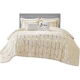 Intelligent Design Raina Full/Queen Comforter Set, Soft Microfiber, Modern Geometric Metallic Bed Set, 5 Pieces College Bedding with 2 Shams, 2 Toss Pillows Ivory/Gold