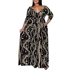 Runwind Plus Size wrap Dress Sexy 3/4 Sleeve V Neck