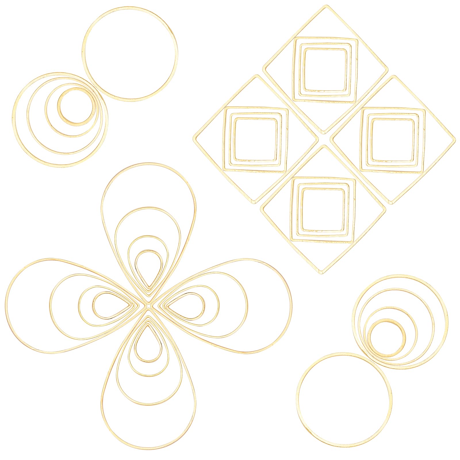 SUNNYCLUE 1 Box 120Pcs 12 Styles Linking Rings Earrings Beading Hoop Brass Open Bezels Frame Charms Round Teardrop Square Shape for Earring Findings Crafts Making Supplies, Golden