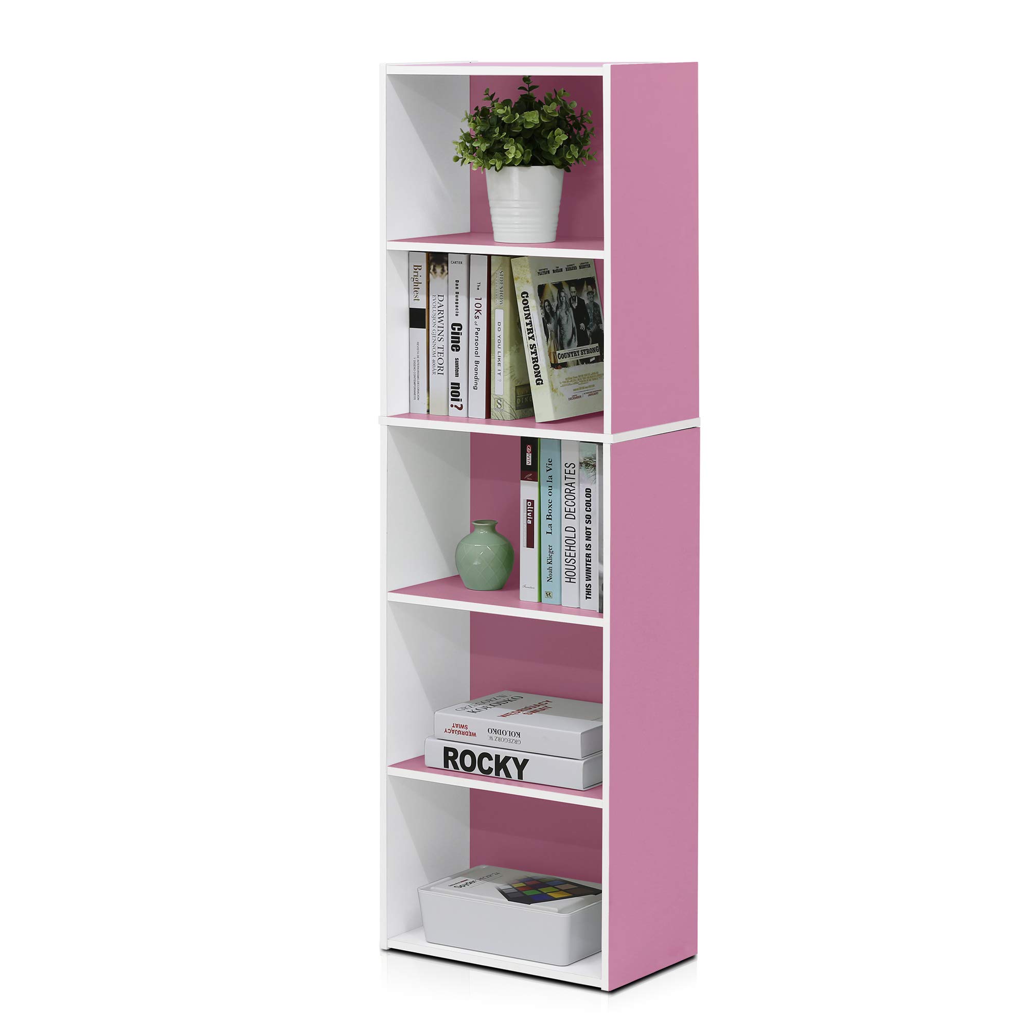 Furinno LUDER Book Shelf, 5-Cube Bookshelf, Bookcase with Open Shelf, 9.4 x 15.8 x 52, for Living Room, Bedroom, Home Office, White/Pink