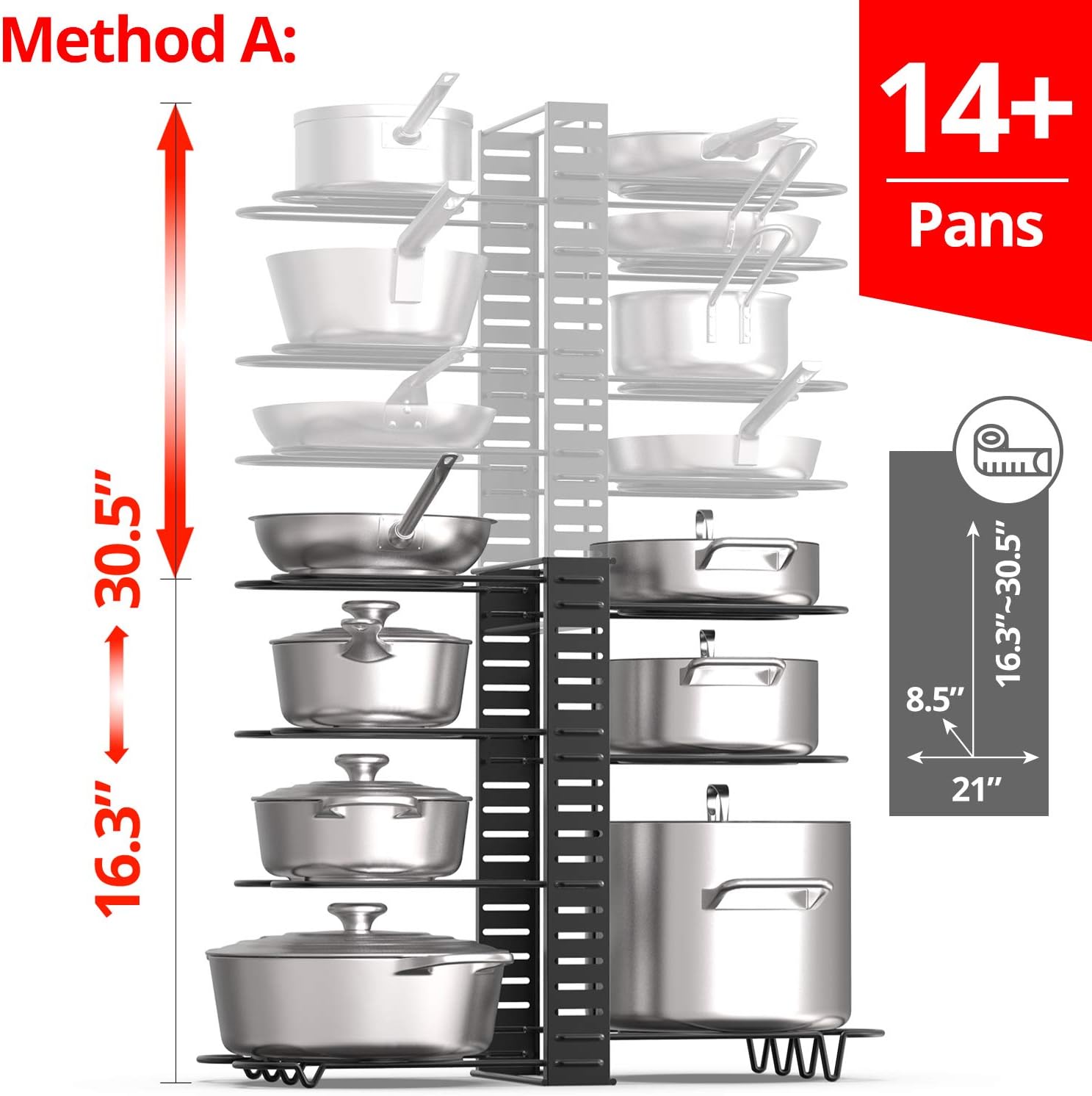 Vdomus Extensible Pot Rack Organizer with 4 DIY Methods, Length Adjustable and Max Extended to 31 inches 13+ Pans Holder, Black Metal Kitchen Cabinet Pantry Pot Lid Holder: Home Improvement