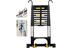 Wolec Telescoping Ladder,14.5FT Aluminum Portable Extension Ladder w/Hooks, Stabilizers& Wheels, Heavy Duty 330lbs Max Capacity, Collapsible Telescopic Ladder for Rv, Roof, Attic, Outdoor -Black