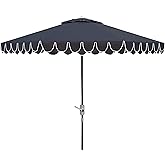 SAFAVIEH 9ft Outdoor Patio Umbrella, Round, Valance, White & Navy Trim, Auto Crank Tilt, UV Resistant for Deck, Backyard, Poolside (PAT8006G)