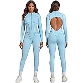 ABOCIW Womens Zipper Long Long Sleeve Workout Jumpsuit Contouring Seams Backless Bodysuit Yoga Rompers Catsuit
