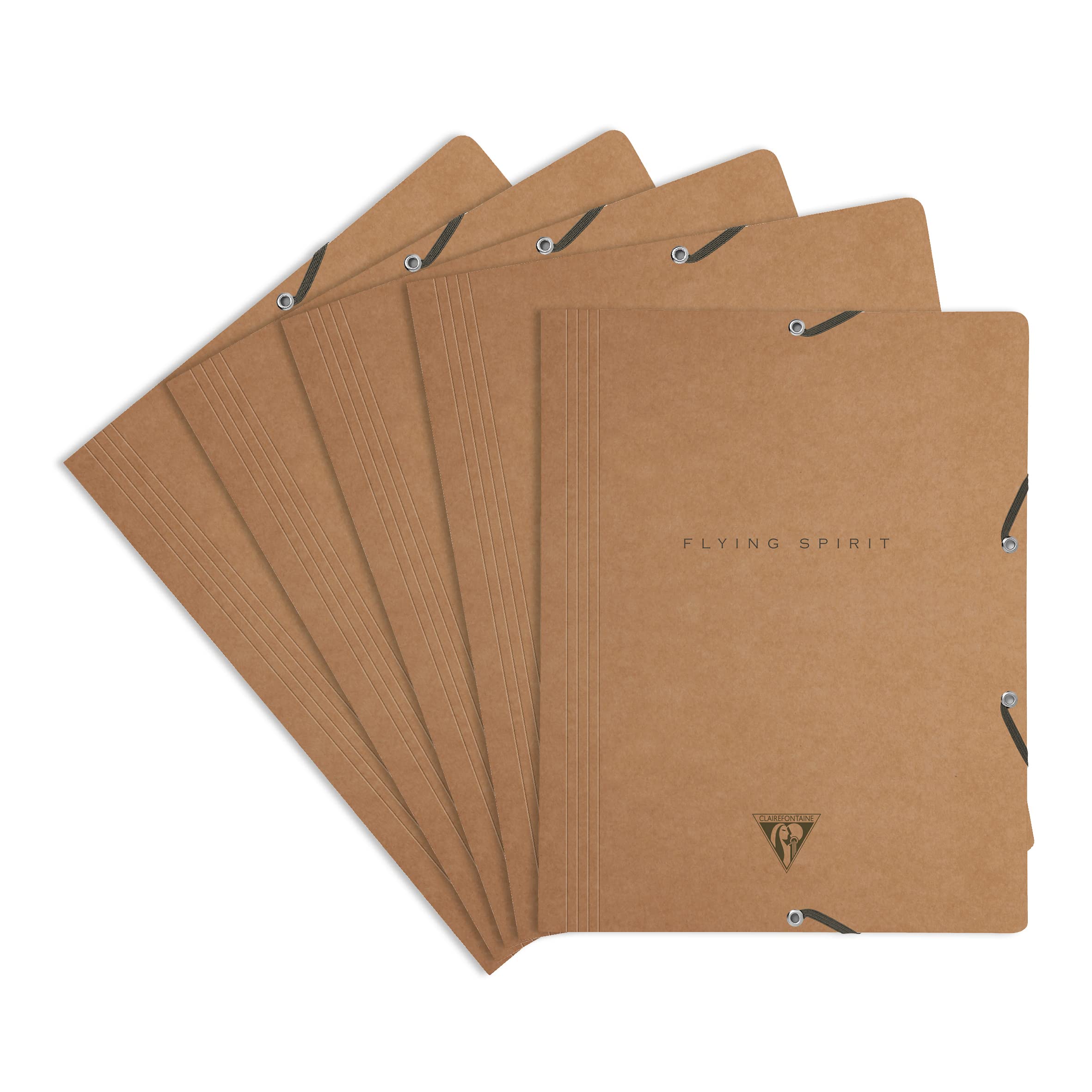 Clairefontaine 103514C - A pack of 5 folders with elastic 3 flaps Flying Spirit 24x32cm, brown kraft cover, ass pattern