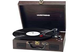 Musitrend Vintage 3-Speed Record Player with Bluetooth Portable Built in Battery Turntable Belt Driven Suitcase