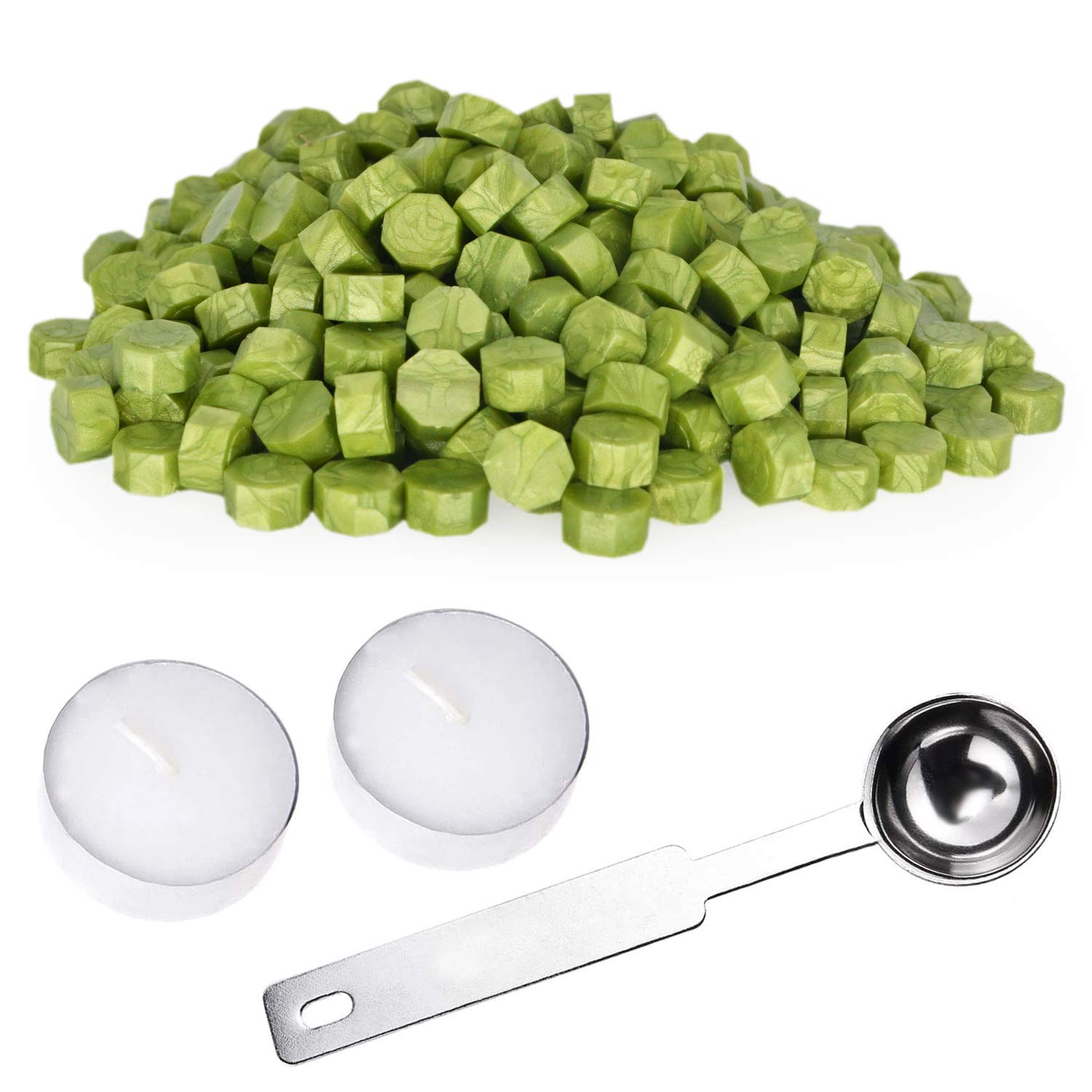Sealing Wax Beads Set 310 Pieces Octagon Wax Seal Beads with 1PC Melting Spoon and 2Pcs Tea Candles for Wax Seal Stamp - Green