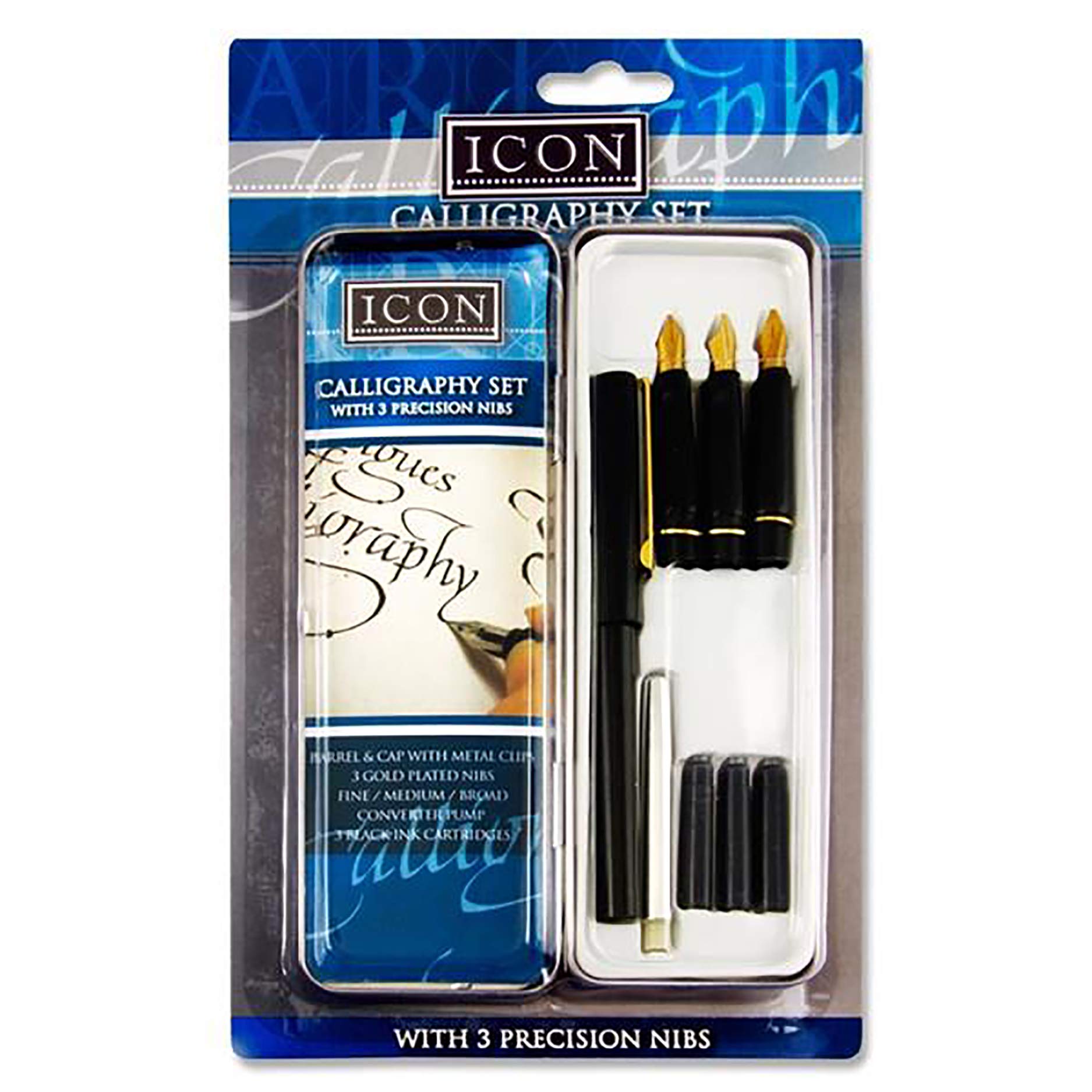 Premier Stationery Icon Calligraphy Set with 3 Precision Nibs In Handy Storage Tin
