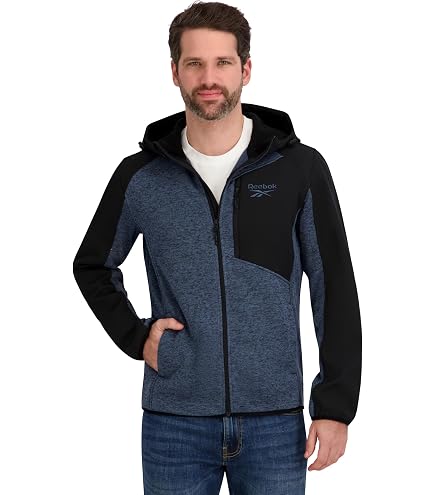 Reebok Mens Mock Neck Zip-Up Grid Polar Fleece Shell Jacket, Black