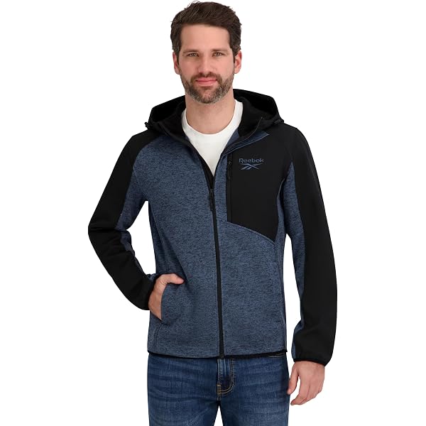 Reebok Mens Mock Neck Zip-Up Grid Polar Fleece Shell Jacket, Black