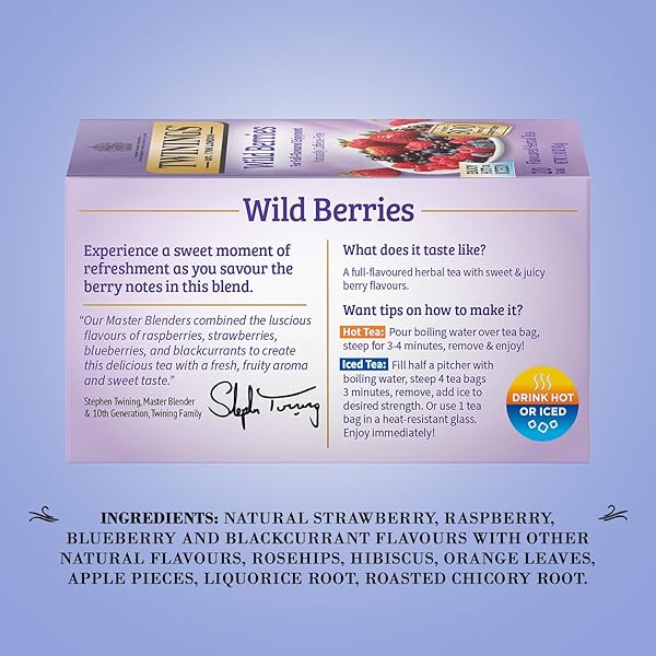TWININGS WILD BERRIES TEA – A NATURALLY CAFFEINE-FREE HERBAL TEA BURSTING WITH FRESH & UPLIFTING BERRY TEA FLAVOURS, INDIVIDUALLY WRAPPED TEA BAGS, 20 COUNT