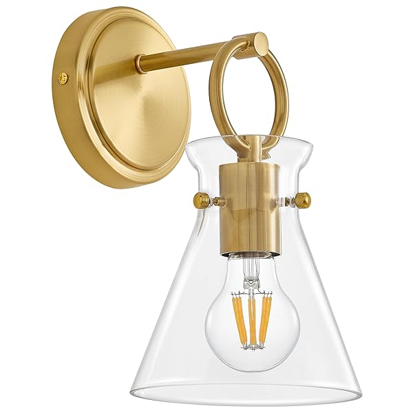 GOLD WALL SCONCE 1-LIGHT HARDWIRED WALL MOUNT MODERN FARMHOUSE VANITY LIGHT FIXTURES WITH 6 INCH CLEAR GLASS SHADE, WALL LIGHTS FOR BATHROOM, BEDROOM, LIVING ROOM, MIRROR, KITCHEN, LIGHTING LAMP