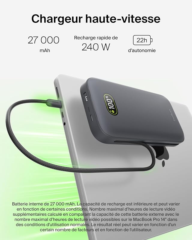 UltraCharge Pro Batterie Externe 27000mAh, Chargeur Portable avec Câble USB-C Intégré, USB PD 240 W, Power Bank Charge Rapide pour MacBook Pro, iPhone, iPad, Galaxy, Pixel, etc., Gris