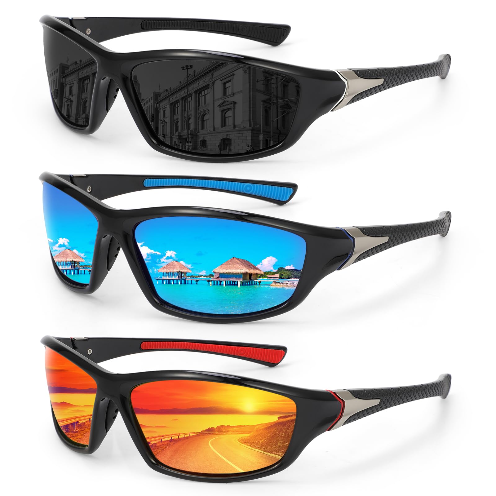 Hifot Sports Polarized Sunglasses Men 3 Pairs, Sun Glasses for Cycling Driving Fishing, Sports Sunglasses for Women Running Baseball Tennis Golf