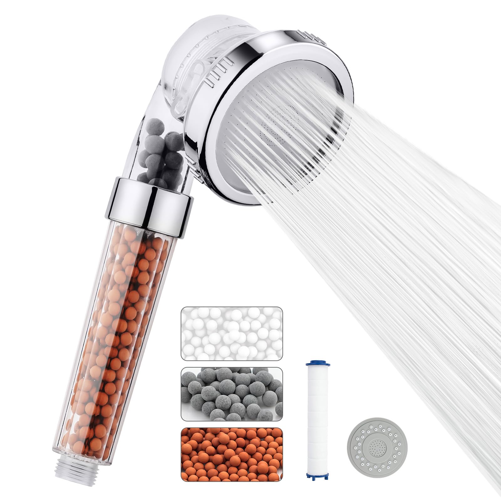 Ibergrif M22025 High Pressure Shower Head, 3 Spray Modes, 3-Stage Filtration, Water Softener for Hard Water Areas, Extra Filter & Rubber Plate Included
