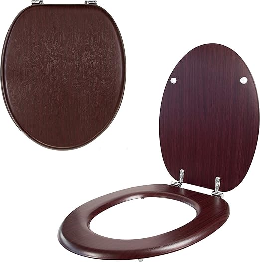 Mahogany Pine Effect Toilet Seat with Chrome Plated Hinges and Fixtures
