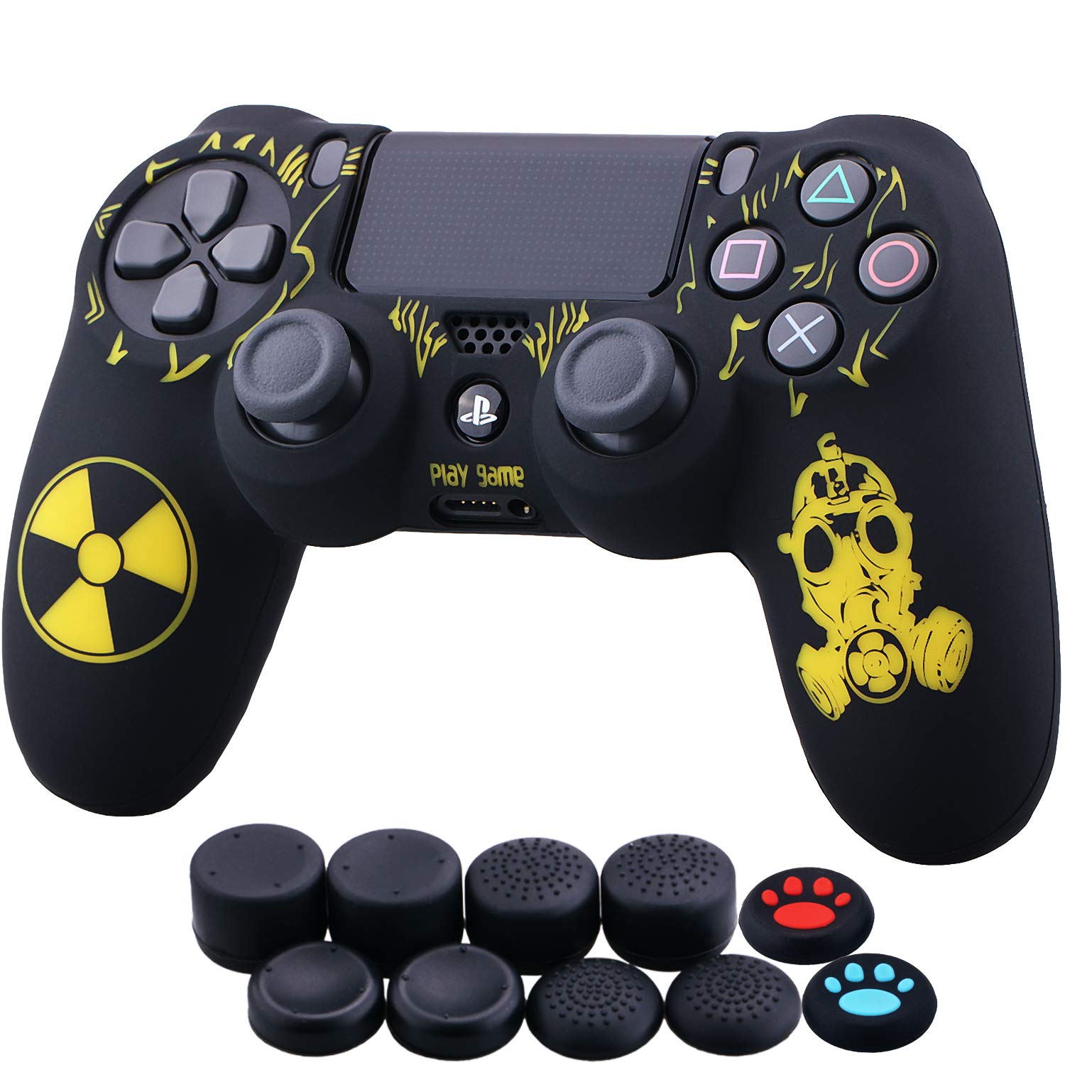 YoRHa Laser Carving Silicone Cover Skin Case for Sony PS4/slim/Pro Dualshock 4 Controller x 1(Radiation) with Thumb Grips x 10