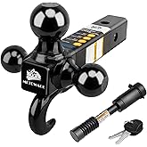 MEOTWARE Trailer Hitch Tri-Ball Mount with Hook - Heavy Duty Trailer Ball Size 1-7/8", 2" and 2-5/16", Fits 2 Inch Receiver Pickup Truck, Hollow Shank with 5/8" Hitch Lock, Black