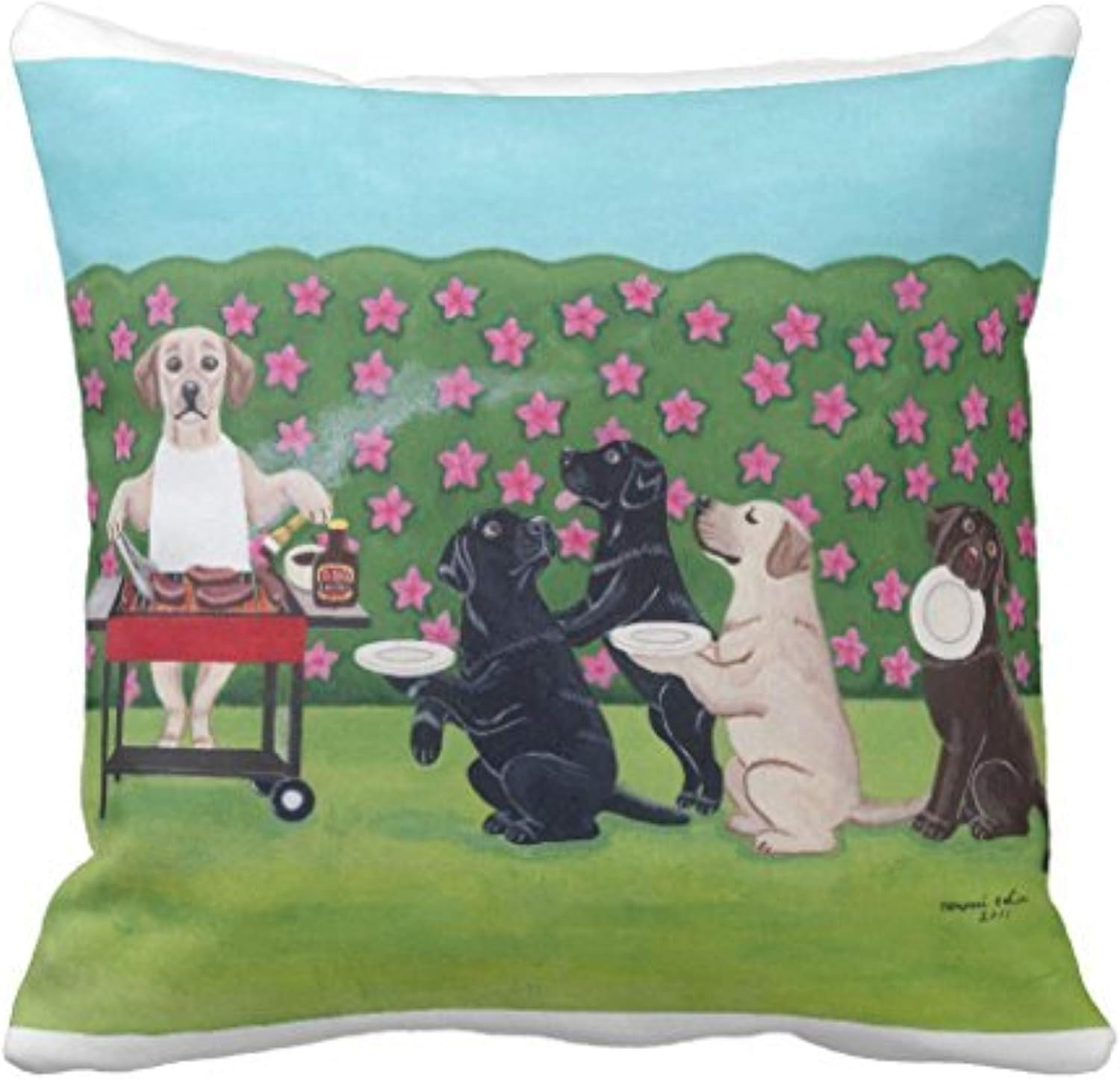 Fhdang Decor BBQ Party Labradors in The Azalea Garden Lumbar Short Plush Pillow Cover for Living Room Home Decorative Accent Zippered Throw Pillow Case 20x20 Inch