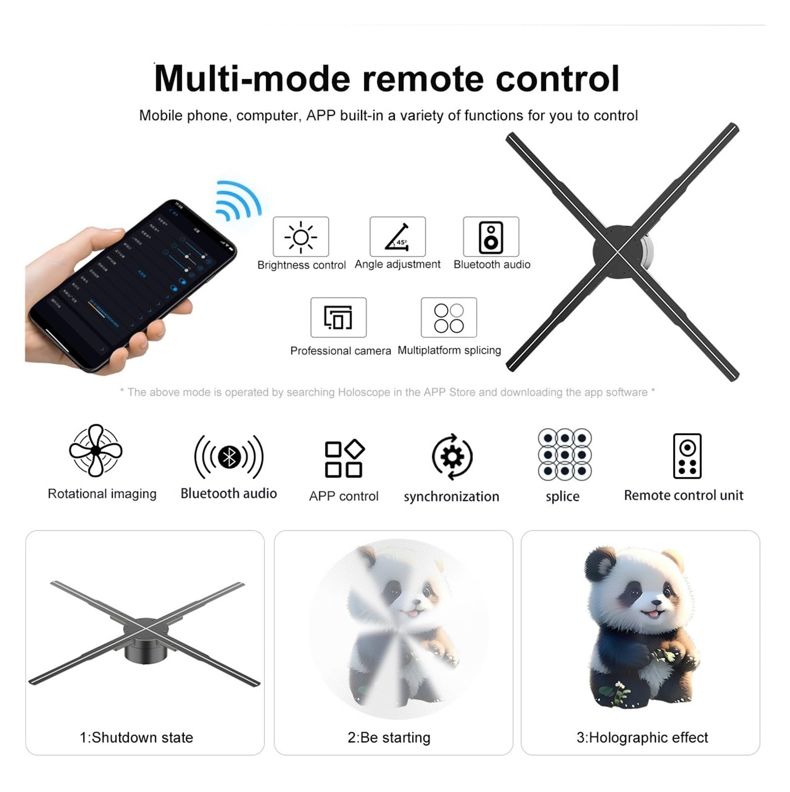 Product parameter table for VCHICS 3D Holographic Fan PD42-P65, showing specifications like display size, resolution, lamp beads, memory card, and supported formats.
