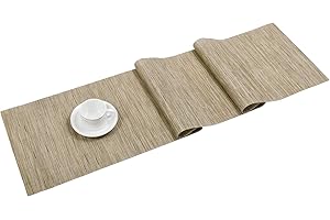 SHACOS Woven Vinyl Table Runner Indoor Outdoor 12x54 inch Kitchen Dining Table Runners Wipe Clean Washable PVC Table Runner, Bamboo Tan