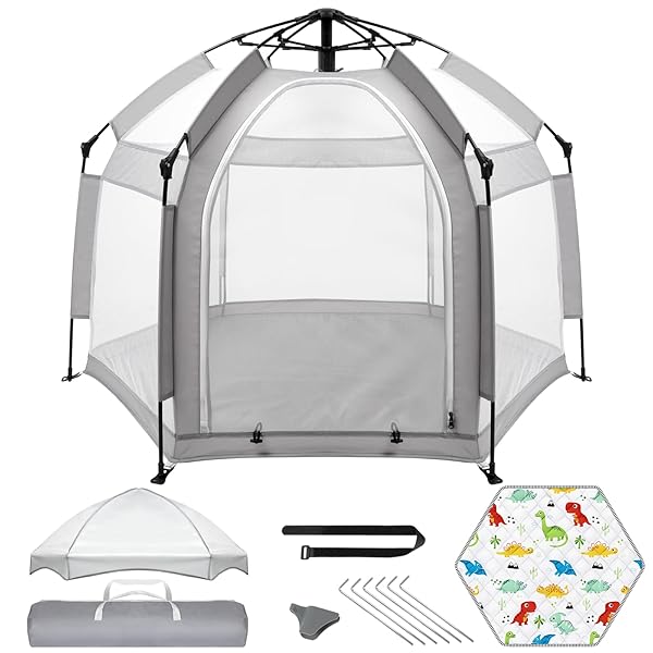 PALOPALO POP UP BABY PLAYPEN WITH UPF50+ CANOPY & MAT, INDOOR & OUTDOOR FOLDABLE PLAY PEN FOR BABIES AND TODDLERS, PORTABLE BABY BEACH TENT WITH TRAVEL BAG, POP UP PACK AND PLAY YARD, GREY