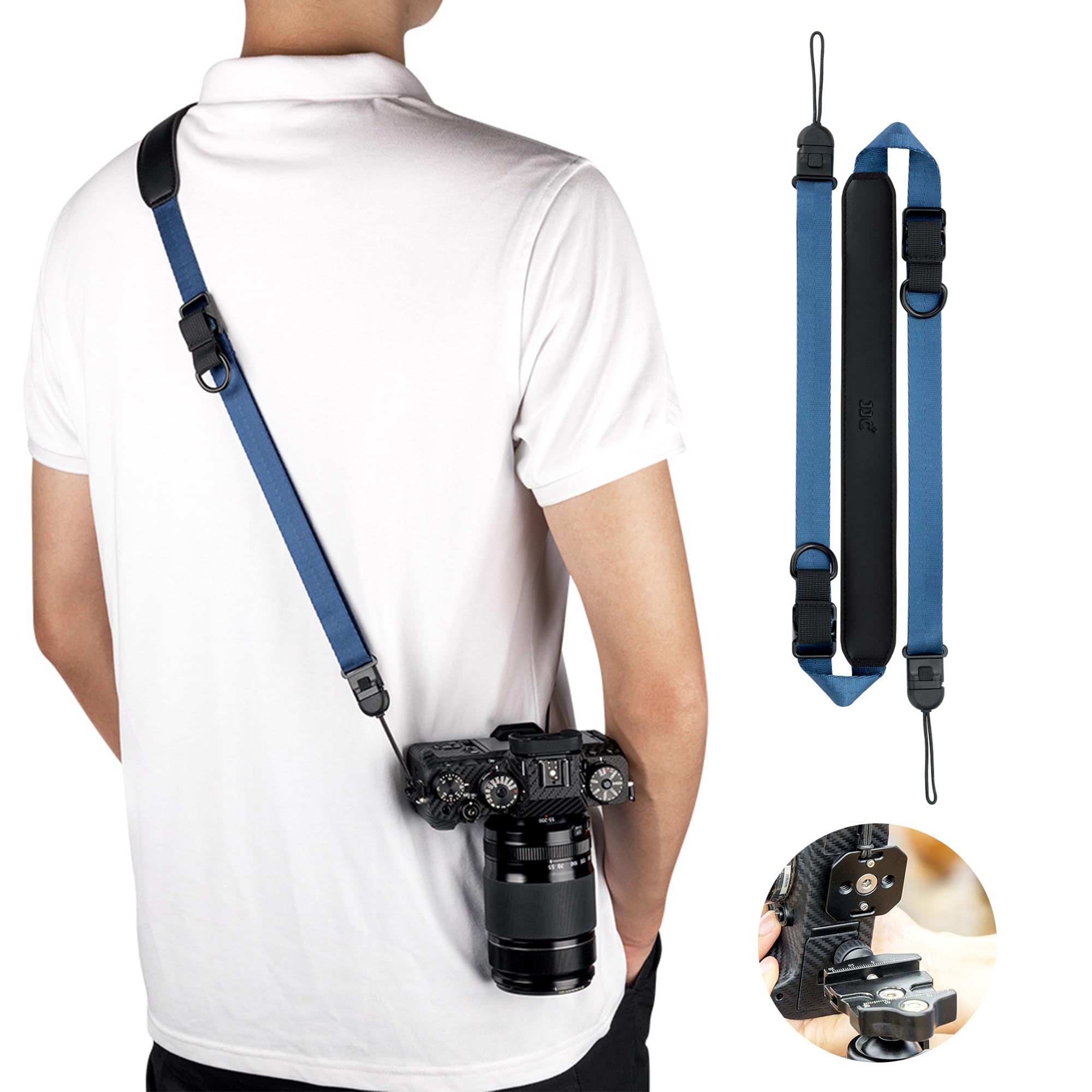 JJC Camera Shoulder Strap Quick Release Sling Strap for Canon Sony Nikon Fuji Mirrorless Cameras, Adjustable Camera Neck Belt Cross Body Strap with Quick Release Plate, Load Capacity 176lbs (BLUE)